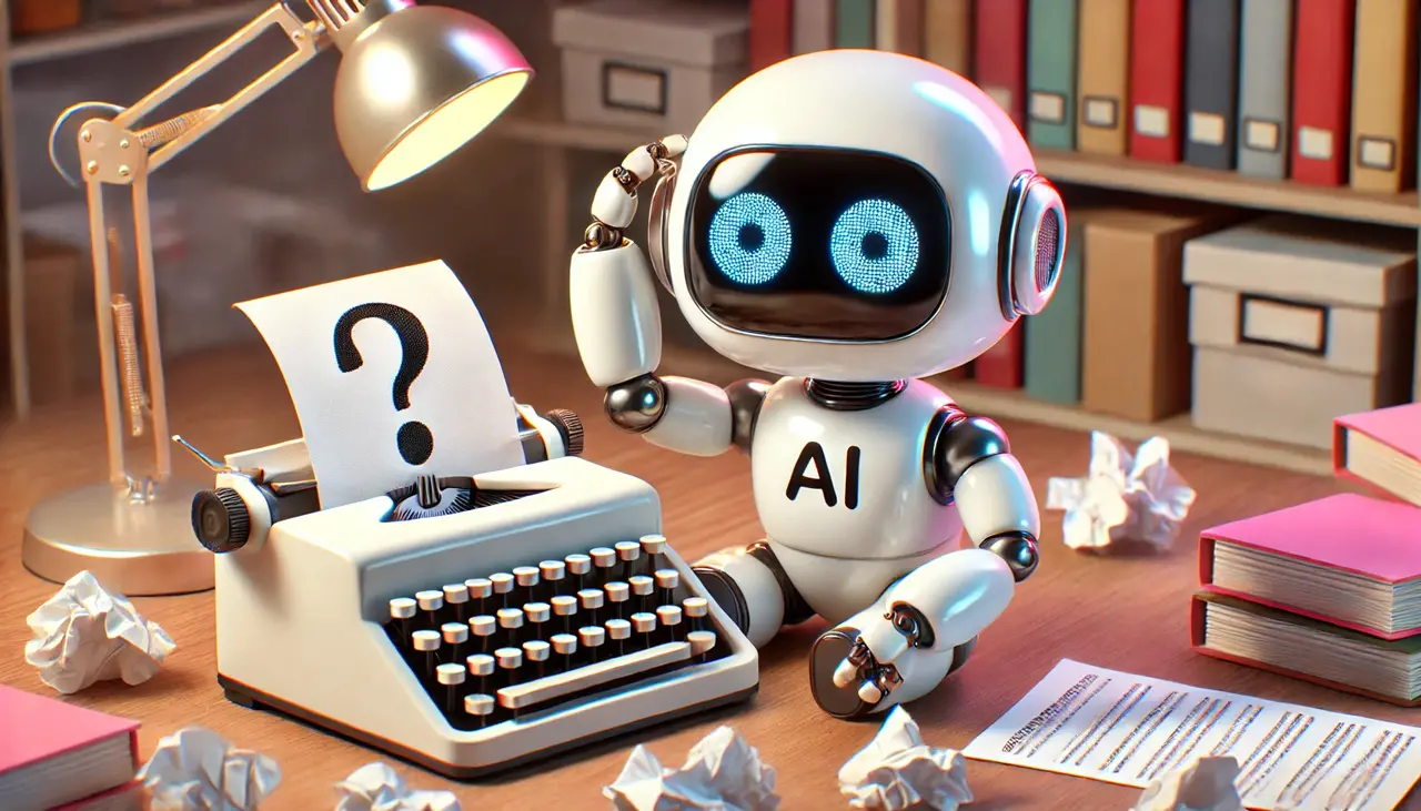 Ai-robot sitter framför en skrivmaskin och kliar sig i huvudet. I skrivmaskinen är det ett papper med ett ? på.